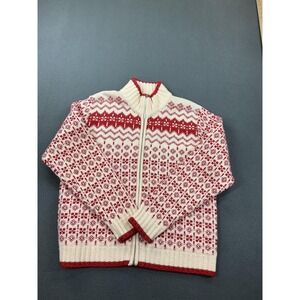 Talbots Sweater Womens Medium White Red Fair Isle Christmas Full Zip Knit Italy